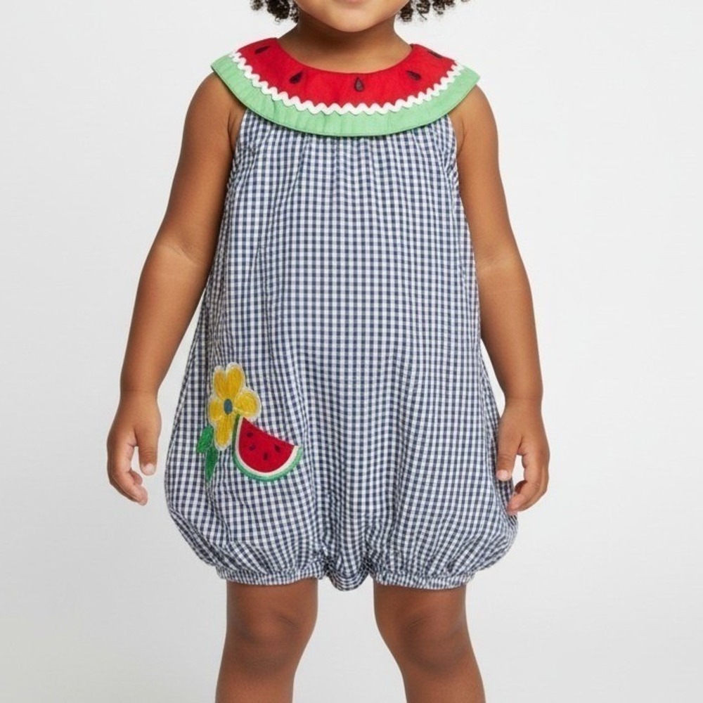 Okie Dokie Baby Girl Gingham Watermelon Bubble Romper Blue White 18 Months VTG